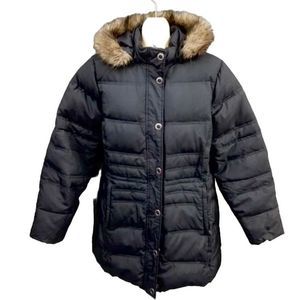 EDDIE BAUER Black Goose Down Hooded Puffer Pea Coat with Faux Fur Trim Sz Large